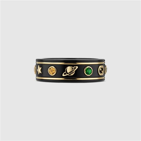 18k Yellow Gold / Black Icon Ring With Gemstones .